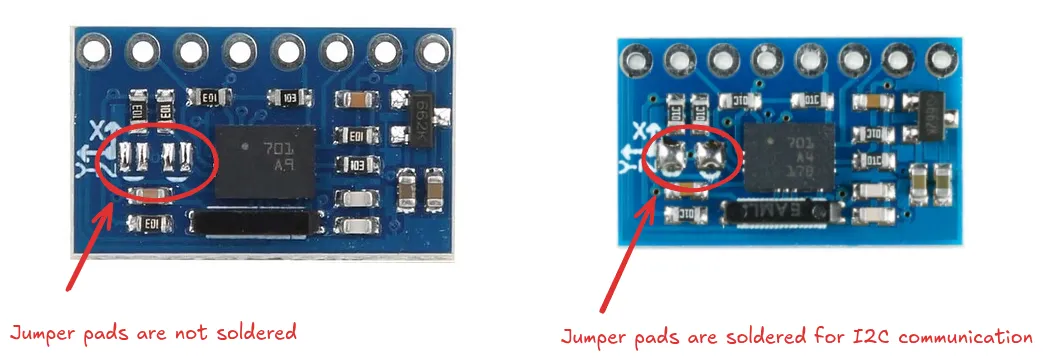 Comparison of BNO055 boards with jumper pads not soldered and soldered